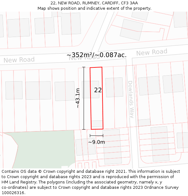 22, NEW ROAD, RUMNEY, CARDIFF, CF3 3AA: Plot and title map