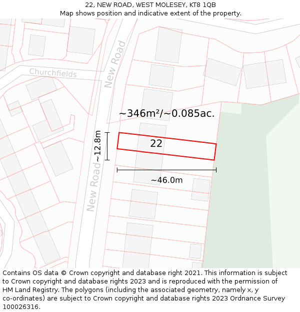 22, NEW ROAD, WEST MOLESEY, KT8 1QB: Plot and title map
