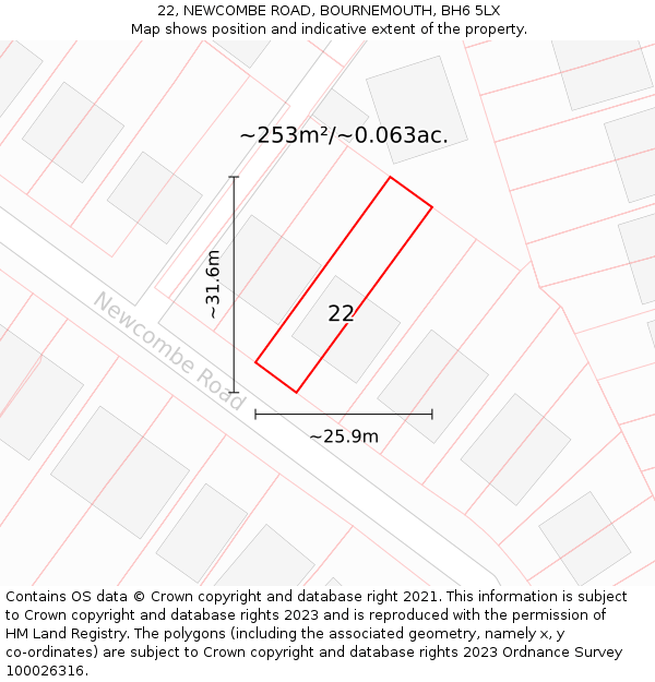 22, NEWCOMBE ROAD, BOURNEMOUTH, BH6 5LX: Plot and title map