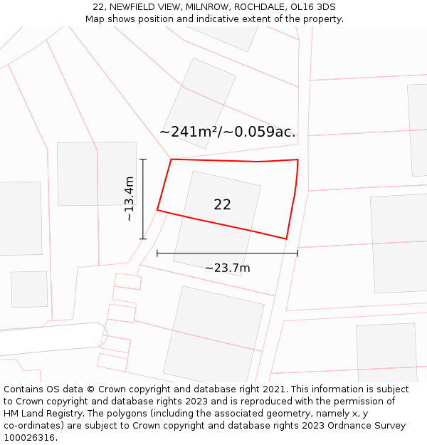 22, NEWFIELD VIEW, MILNROW, ROCHDALE, OL16 3DS: Plot and title map
