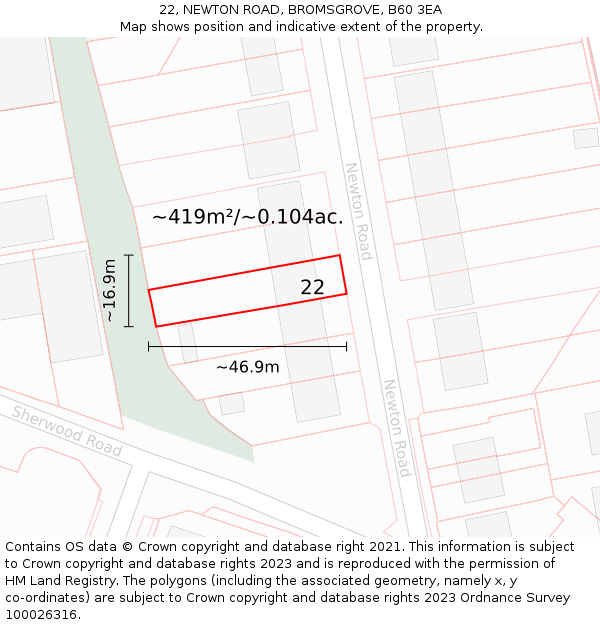 22, NEWTON ROAD, BROMSGROVE, B60 3EA: Plot and title map