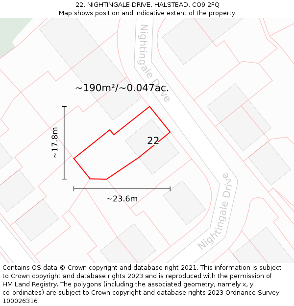 22, NIGHTINGALE DRIVE, HALSTEAD, CO9 2FQ: Plot and title map