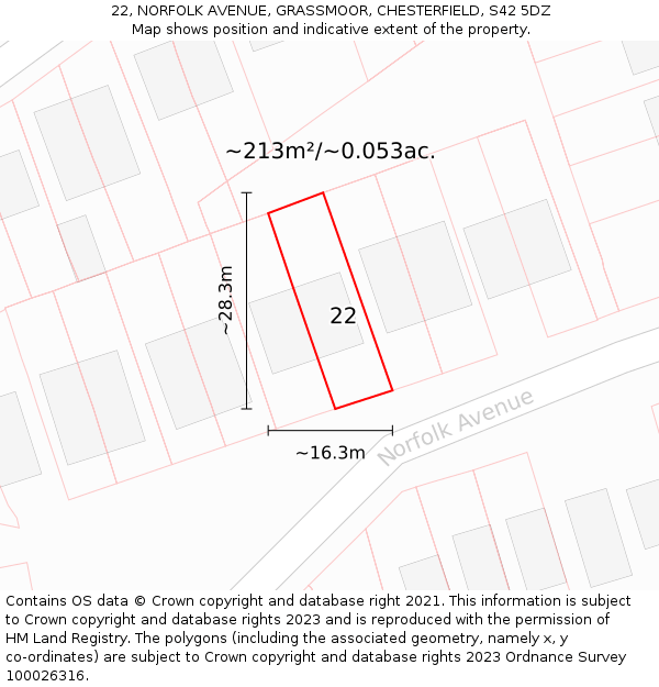 22, NORFOLK AVENUE, GRASSMOOR, CHESTERFIELD, S42 5DZ: Plot and title map