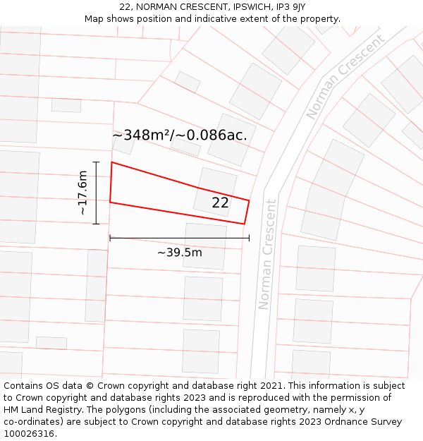 22, NORMAN CRESCENT, IPSWICH, IP3 9JY: Plot and title map