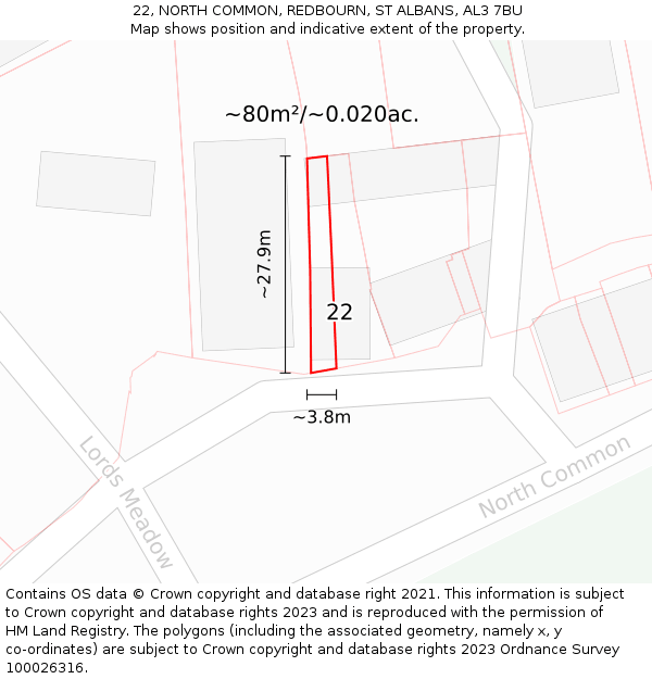 22, NORTH COMMON, REDBOURN, ST ALBANS, AL3 7BU: Plot and title map