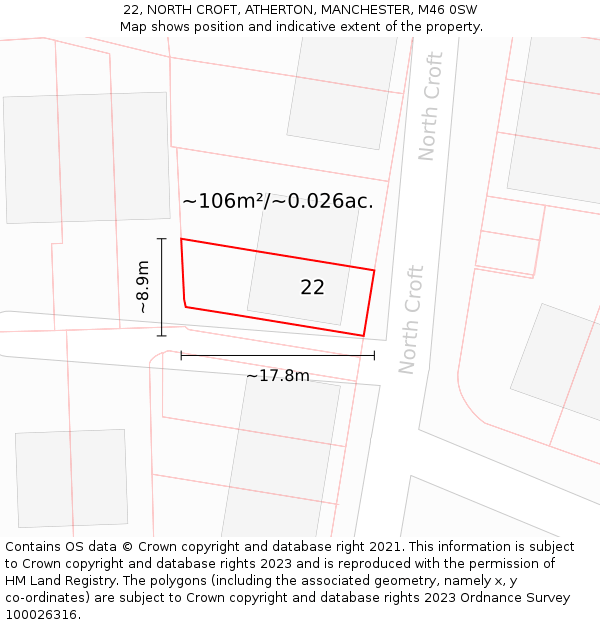 22, NORTH CROFT, ATHERTON, MANCHESTER, M46 0SW: Plot and title map