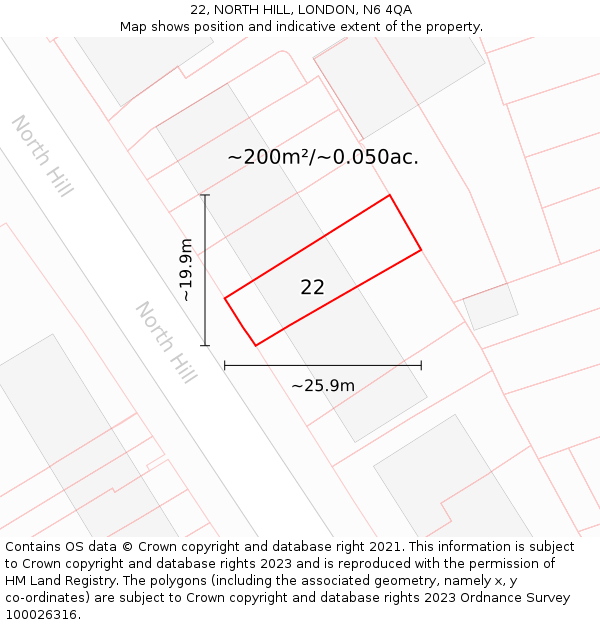22, NORTH HILL, LONDON, N6 4QA: Plot and title map