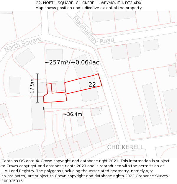 22, NORTH SQUARE, CHICKERELL, WEYMOUTH, DT3 4DX: Plot and title map