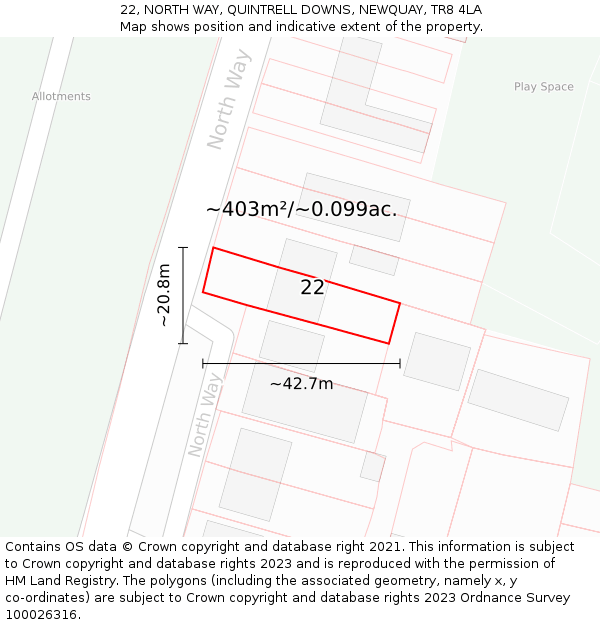 22, NORTH WAY, QUINTRELL DOWNS, NEWQUAY, TR8 4LA: Plot and title map