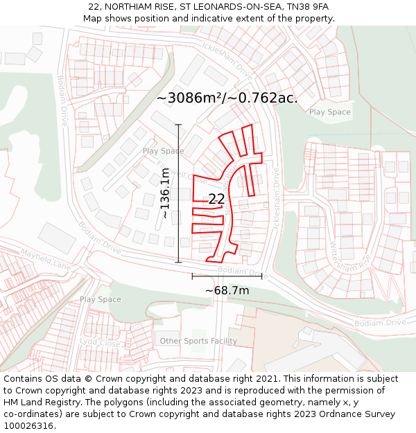 22, NORTHIAM RISE, ST LEONARDS-ON-SEA, TN38 9FA: Plot and title map