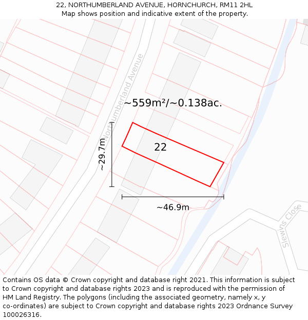 22, NORTHUMBERLAND AVENUE, HORNCHURCH, RM11 2HL: Plot and title map