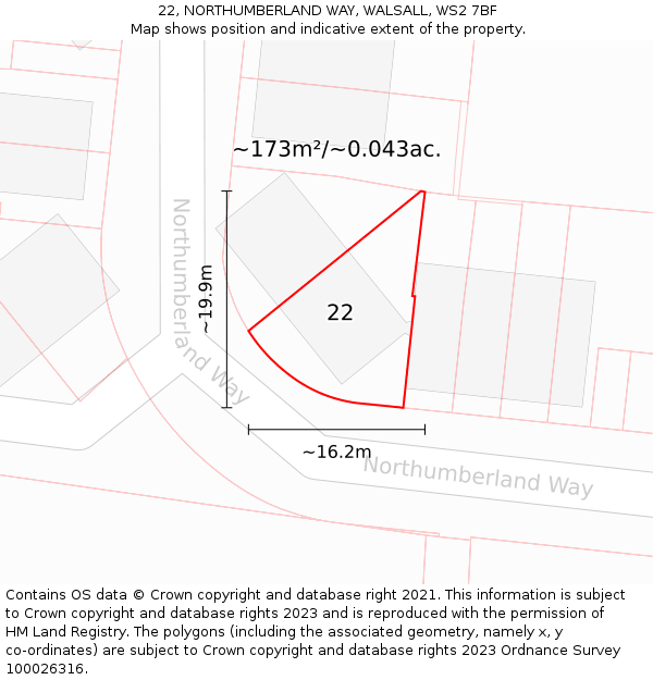 22, NORTHUMBERLAND WAY, WALSALL, WS2 7BF: Plot and title map