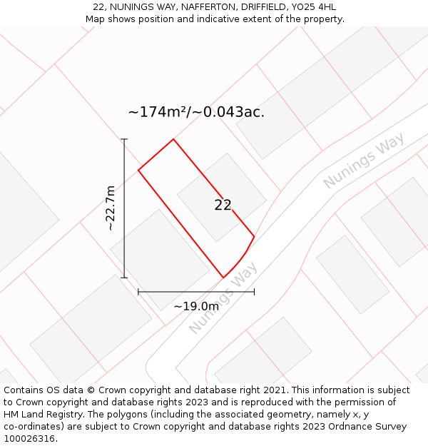 22, NUNINGS WAY, NAFFERTON, DRIFFIELD, YO25 4HL: Plot and title map