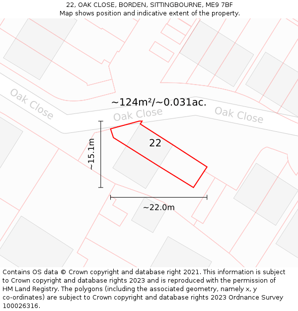 22, OAK CLOSE, BORDEN, SITTINGBOURNE, ME9 7BF: Plot and title map