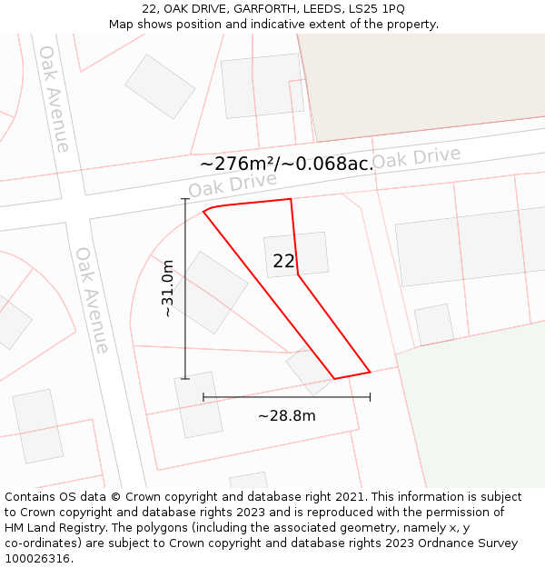 22, OAK DRIVE, GARFORTH, LEEDS, LS25 1PQ: Plot and title map