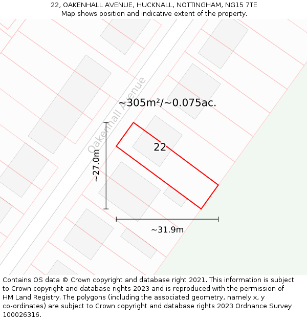 22, OAKENHALL AVENUE, HUCKNALL, NOTTINGHAM, NG15 7TE: Plot and title map