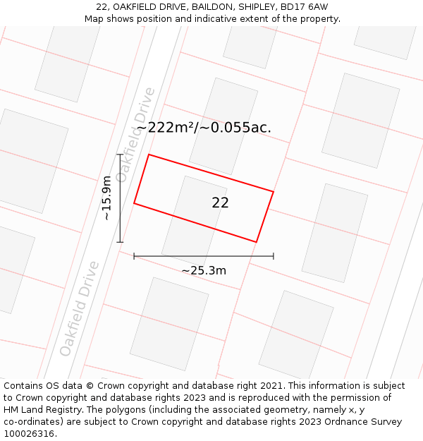 22, OAKFIELD DRIVE, BAILDON, SHIPLEY, BD17 6AW: Plot and title map