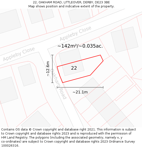22, OAKHAM ROAD, LITTLEOVER, DERBY, DE23 3BE: Plot and title map