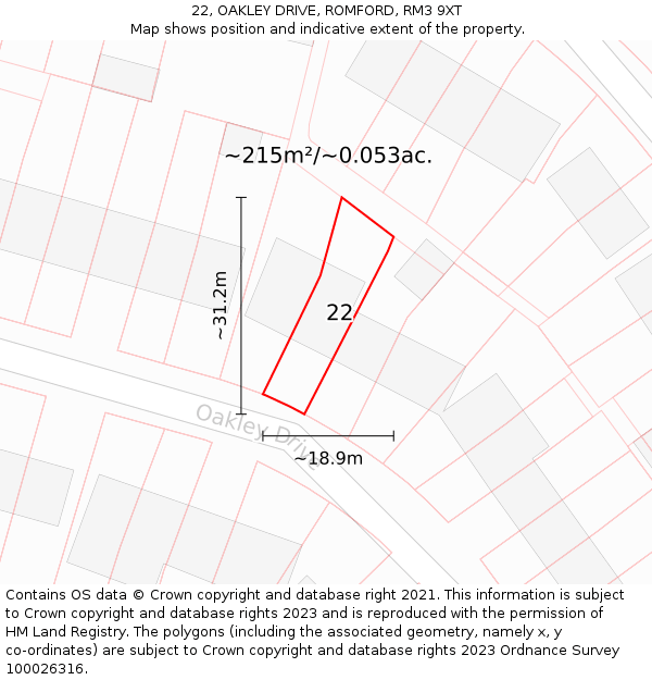22, OAKLEY DRIVE, ROMFORD, RM3 9XT: Plot and title map