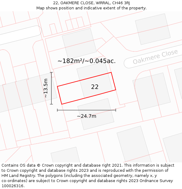 22, OAKMERE CLOSE, WIRRAL, CH46 3RJ: Plot and title map