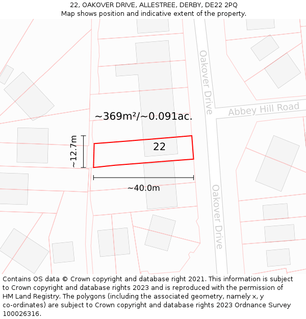 22, OAKOVER DRIVE, ALLESTREE, DERBY, DE22 2PQ: Plot and title map