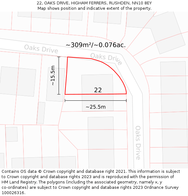 22, OAKS DRIVE, HIGHAM FERRERS, RUSHDEN, NN10 8EY: Plot and title map