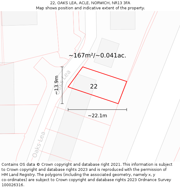 22, OAKS LEA, ACLE, NORWICH, NR13 3FA: Plot and title map