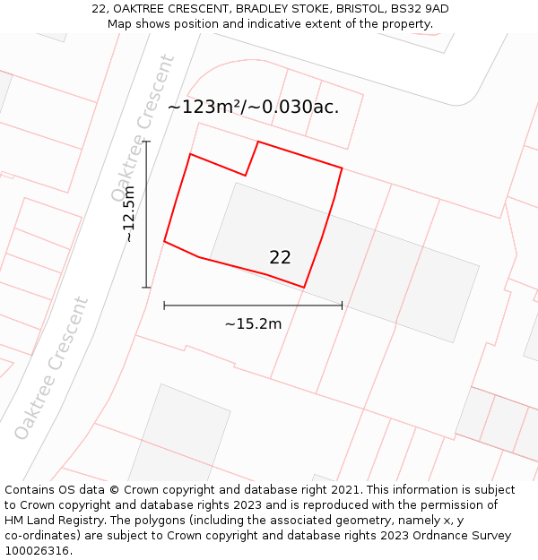 22, OAKTREE CRESCENT, BRADLEY STOKE, BRISTOL, BS32 9AD: Plot and title map