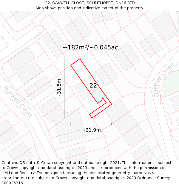 22, OAKWELL CLOSE, SCUNTHORPE, DN16 3FD: Plot and title map