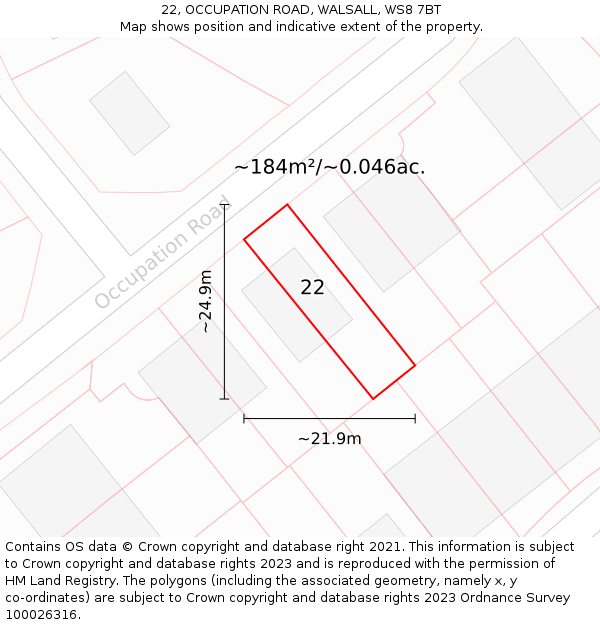 22, OCCUPATION ROAD, WALSALL, WS8 7BT: Plot and title map