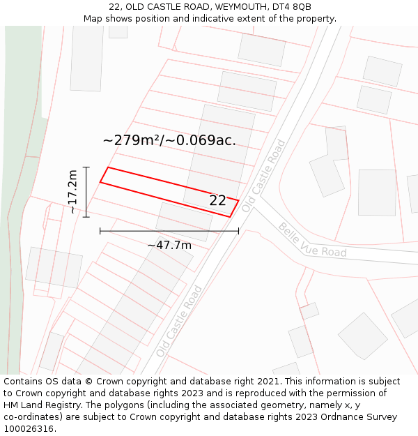 22, OLD CASTLE ROAD, WEYMOUTH, DT4 8QB: Plot and title map
