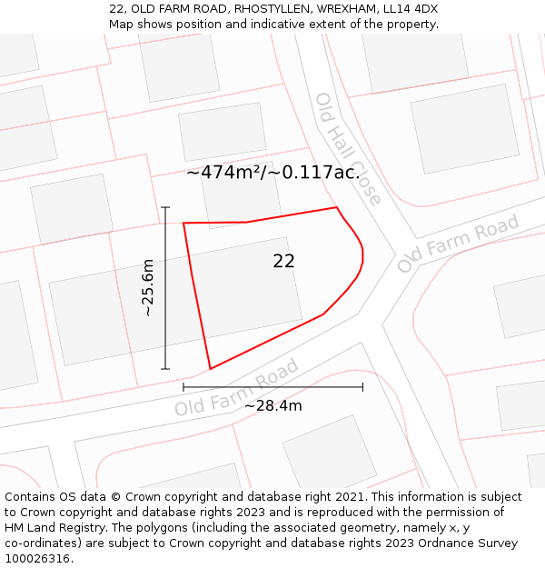 22, OLD FARM ROAD, RHOSTYLLEN, WREXHAM, LL14 4DX: Plot and title map