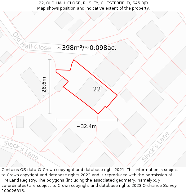 22, OLD HALL CLOSE, PILSLEY, CHESTERFIELD, S45 8JD: Plot and title map
