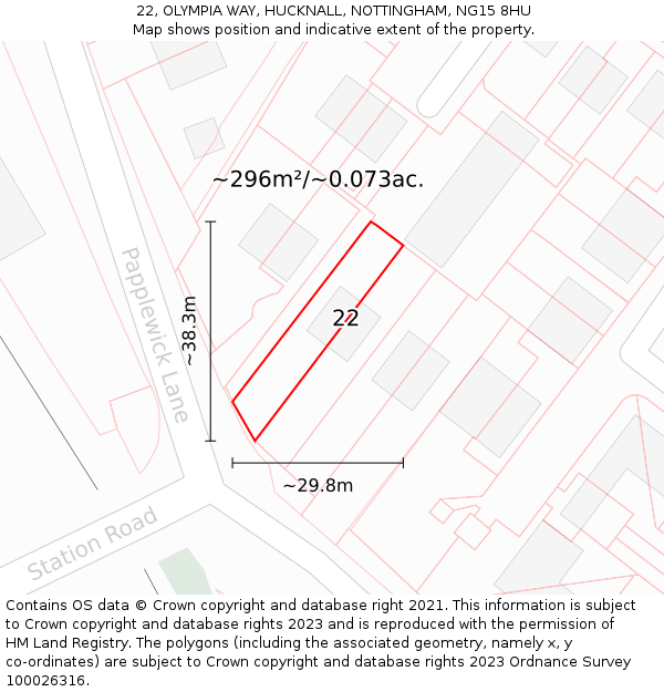 22, OLYMPIA WAY, HUCKNALL, NOTTINGHAM, NG15 8HU: Plot and title map