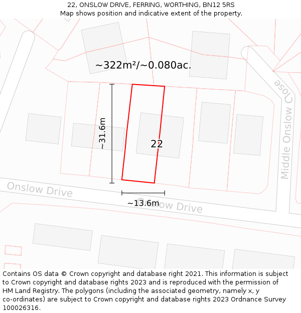 22, ONSLOW DRIVE, FERRING, WORTHING, BN12 5RS: Plot and title map