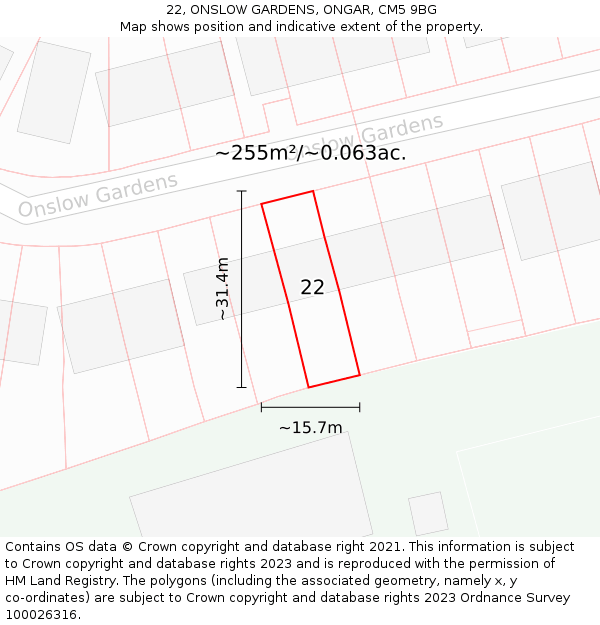 22, ONSLOW GARDENS, ONGAR, CM5 9BG: Plot and title map