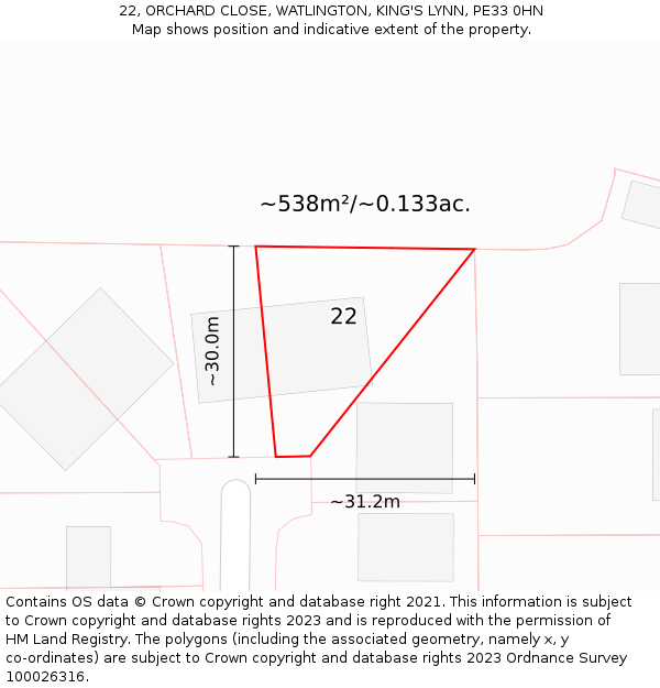 22, ORCHARD CLOSE, WATLINGTON, KING'S LYNN, PE33 0HN: Plot and title map