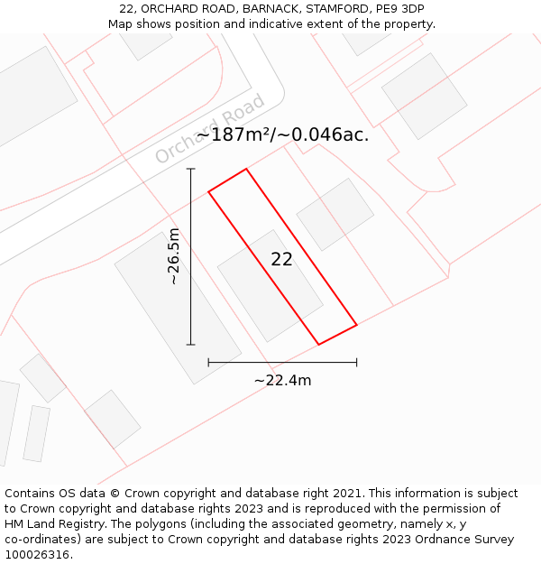 22, ORCHARD ROAD, BARNACK, STAMFORD, PE9 3DP: Plot and title map