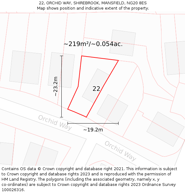 22, ORCHID WAY, SHIREBROOK, MANSFIELD, NG20 8ES: Plot and title map