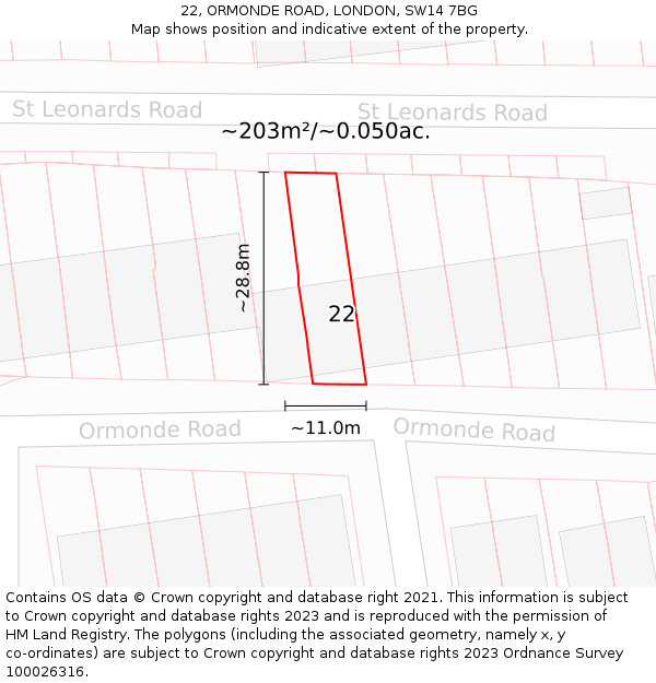 22, ORMONDE ROAD, LONDON, SW14 7BG: Plot and title map