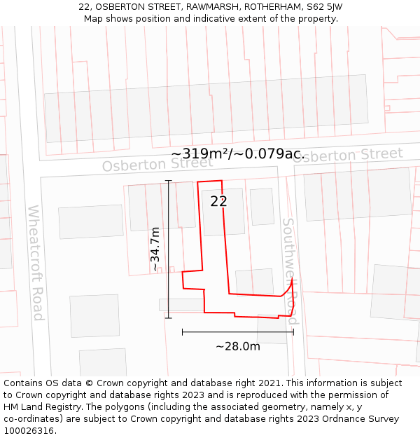 22, OSBERTON STREET, RAWMARSH, ROTHERHAM, S62 5JW: Plot and title map