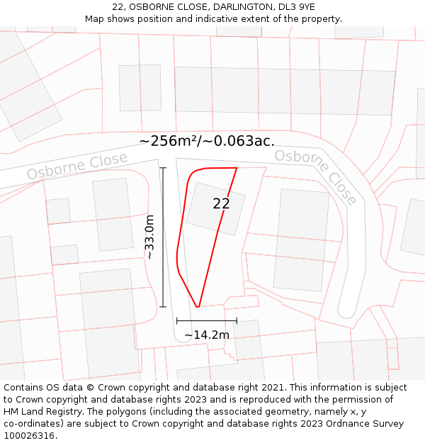 22, OSBORNE CLOSE, DARLINGTON, DL3 9YE: Plot and title map