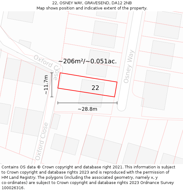 22, OSNEY WAY, GRAVESEND, DA12 2NB: Plot and title map