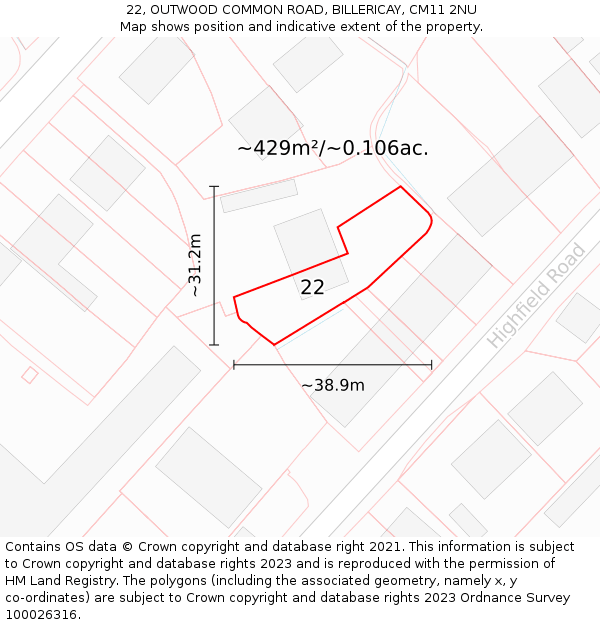 22, OUTWOOD COMMON ROAD, BILLERICAY, CM11 2NU: Plot and title map