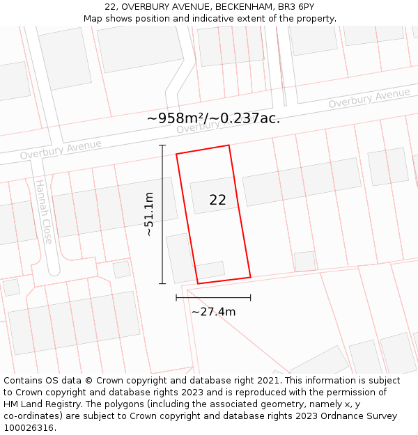 22, OVERBURY AVENUE, BECKENHAM, BR3 6PY: Plot and title map