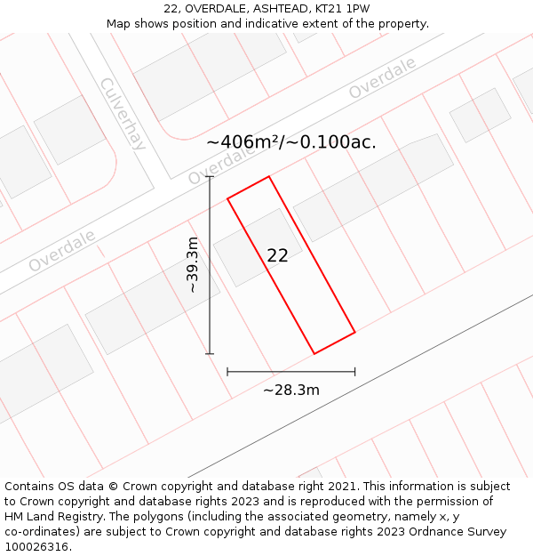 22, OVERDALE, ASHTEAD, KT21 1PW: Plot and title map
