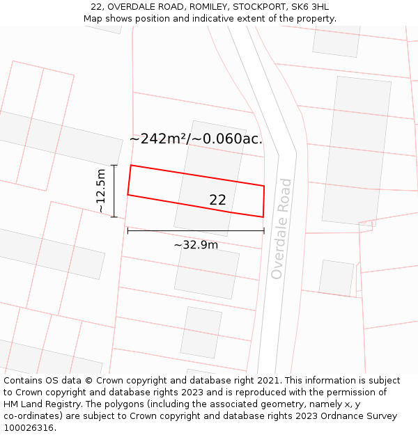 22, OVERDALE ROAD, ROMILEY, STOCKPORT, SK6 3HL: Plot and title map