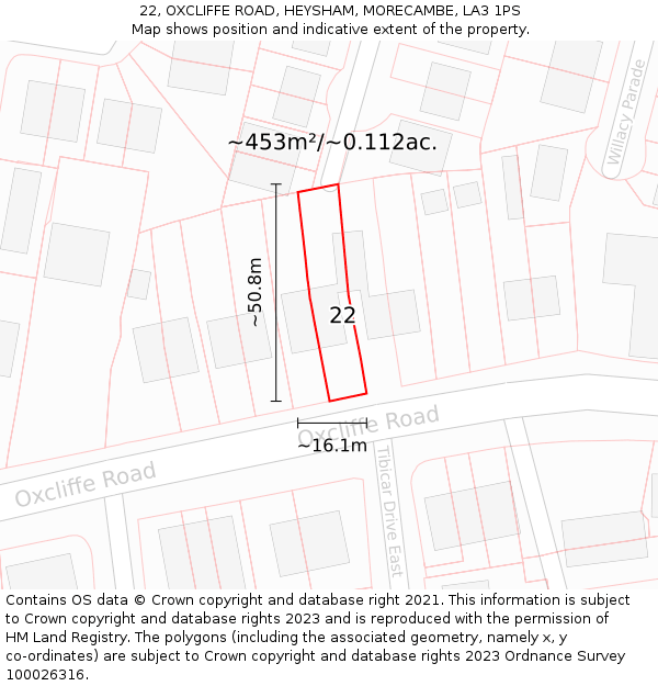 22, OXCLIFFE ROAD, HEYSHAM, MORECAMBE, LA3 1PS: Plot and title map