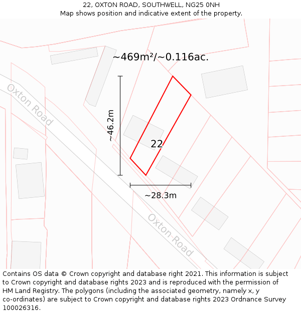 22, OXTON ROAD, SOUTHWELL, NG25 0NH: Plot and title map