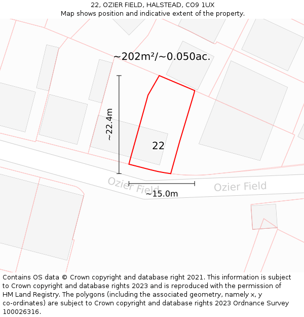 22, OZIER FIELD, HALSTEAD, CO9 1UX: Plot and title map